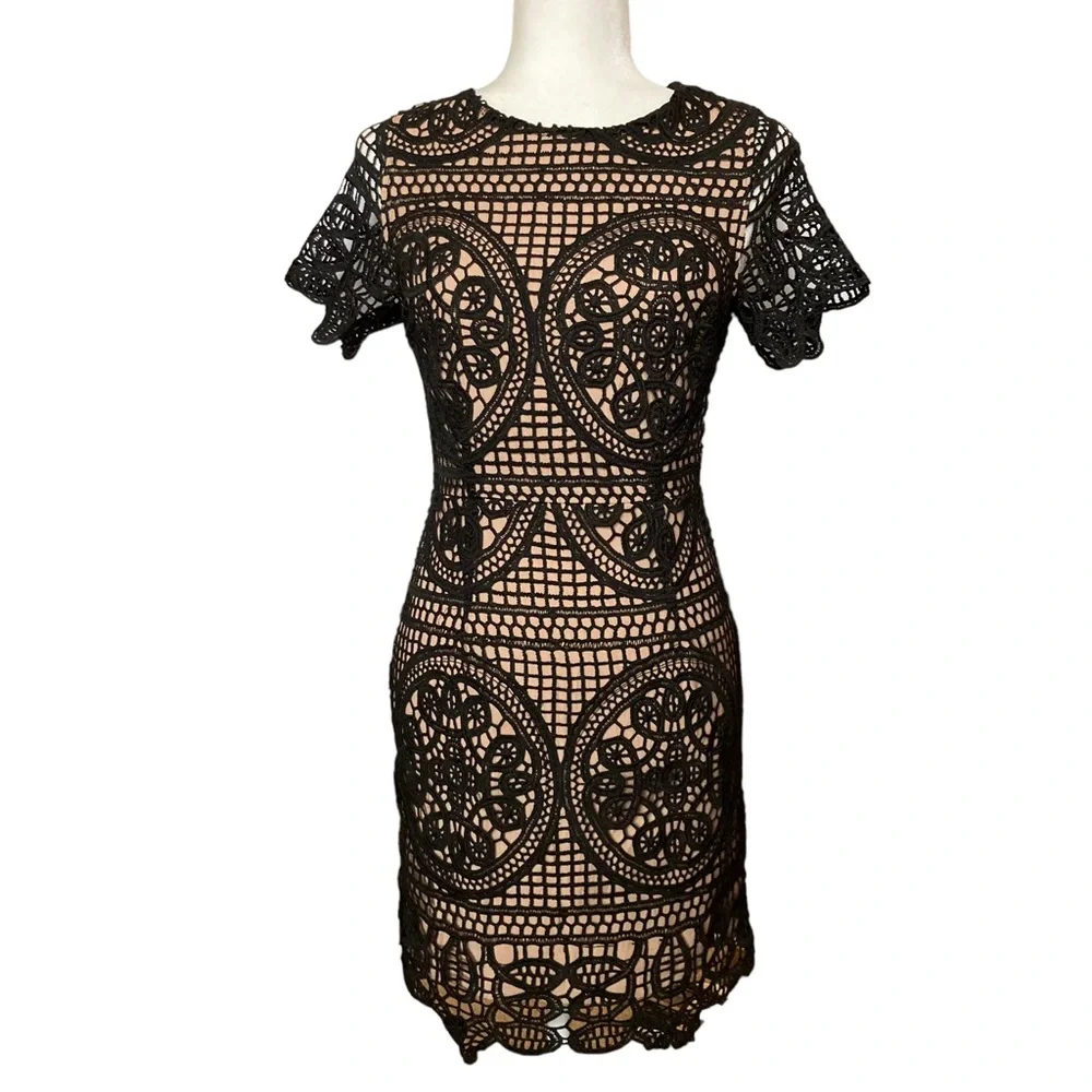 J.O.A. Los Angeles Women's black crochet lace overlay short sleeve dress, Sz S - Picture 1 of 17